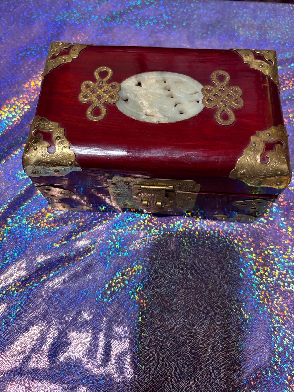 Vintage Asian Rosewood Decorative Jewelry Box with Jade Inlay
